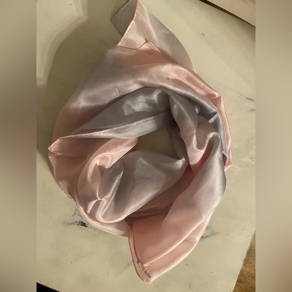 Vintage Signed Dina Kohn Hand Dyed Silk Scarf pink and grey Tie Dye 11” X 57”.